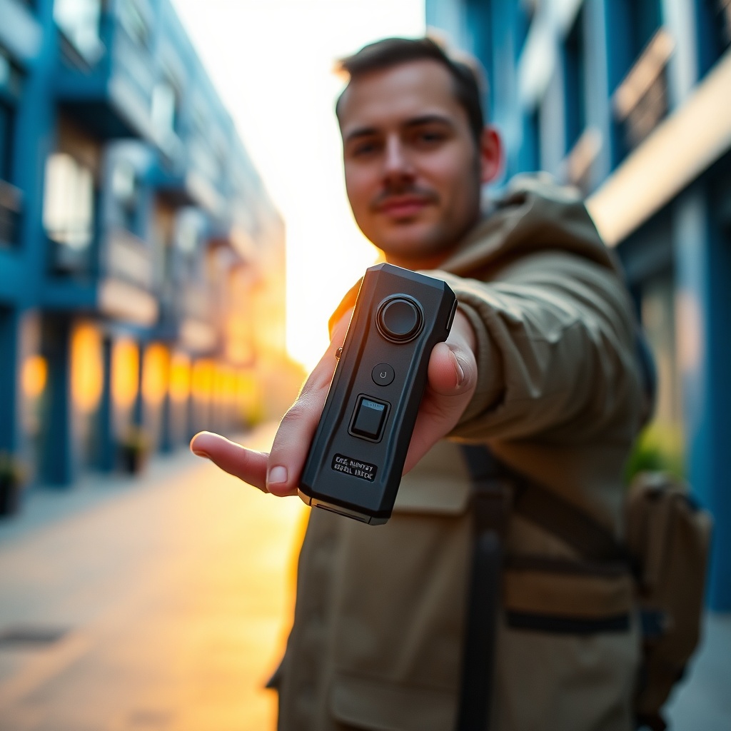 Lifestyle image of a user comfortably gripping a pepper spray taser combo outdoors, highlighting the device’s ergonomic design, dual-switch controls, and practical everyday carry configuration for personal protection.