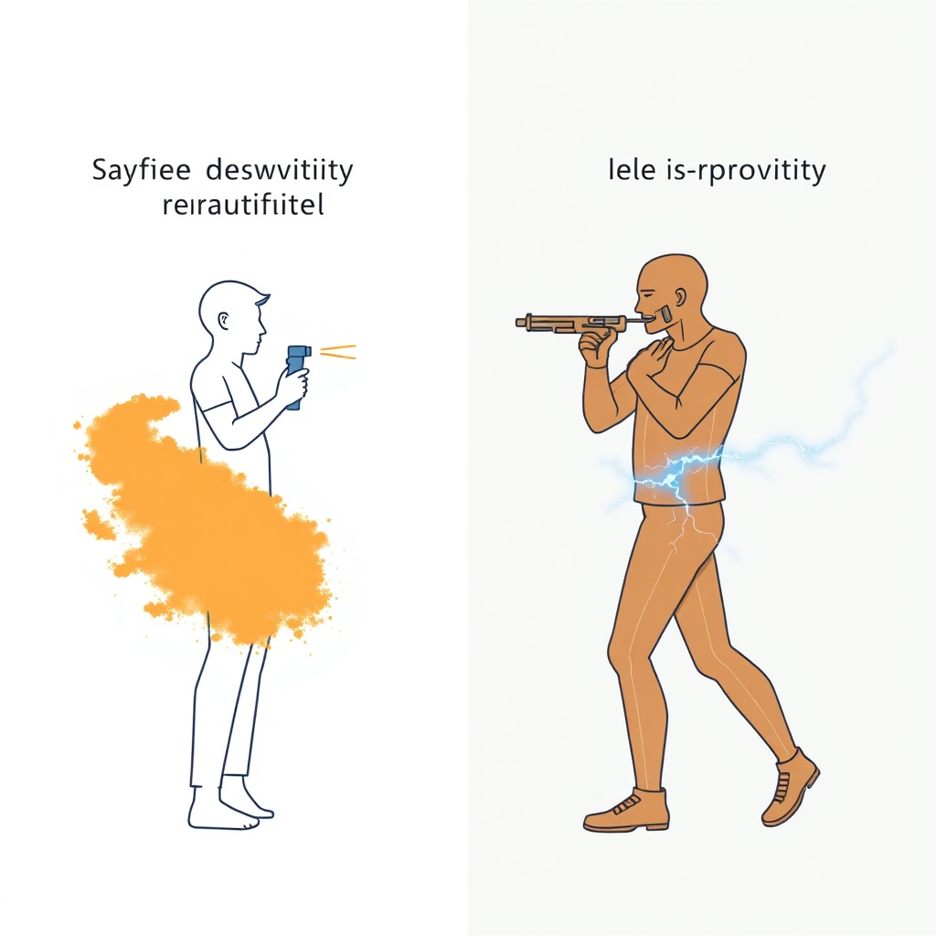 Educational graphic showing how a taser pepper spray combo delivers layered protection by pairing long-range spray deployment with close-contact electrical stun functionality.