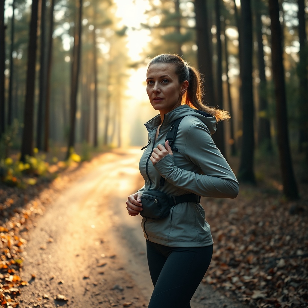 A focused runner practicing situational awareness as part of effective self defense for runners, scanning her surroundings while jogging on a forest trail.