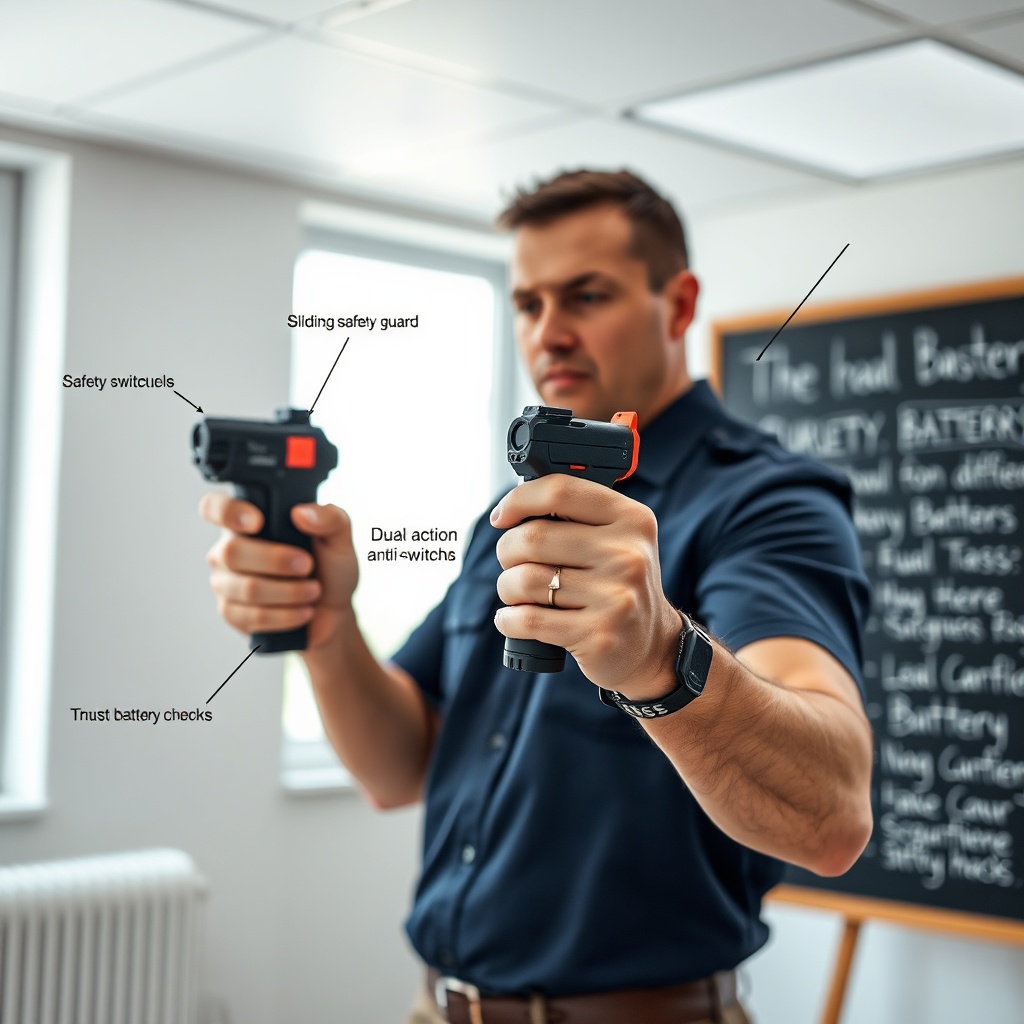 Training demonstration of proper handling and mode selection for a pepper spray taser combo to ensure reliable performance under stress.