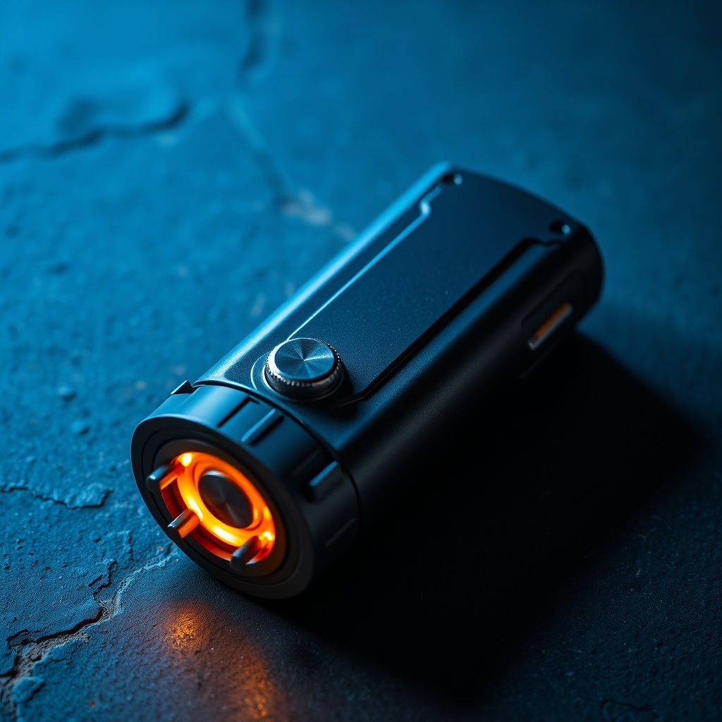 A close-up view of a pepper spray taser combo device highlighting its dual OC spray nozzle and electrical stun prongs for personal protection.