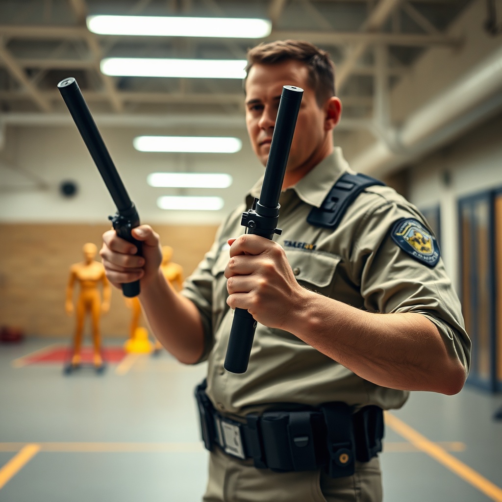 Security professional demonstrating proper handling of a baton and taser combination during tactical training, highlighting the seamless integration of impact and electrical options in one compact tool.